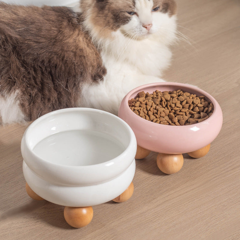 ZOOMATE - Mochi -  Elevated Ceramic Pet Diner with Wood Base - Joint-Friendly, Dishwasher Safe