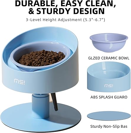 Adjustable Raised Pet Bowl - Ceramic Elevated Cat Bowls, Pet Bowl with Anti - Slip Rubber Pad, Leak - Proof, Lead & Cadmium Free, Whisker - Friendly, for All Life Stages